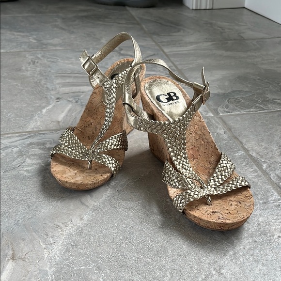 Gianni Bini Gold Wedge Sandals with Lattice Straps - Picture 1 of 13